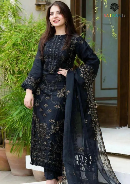 Black Embroidered Lawn Suit 3Pcs Women with Gold Work