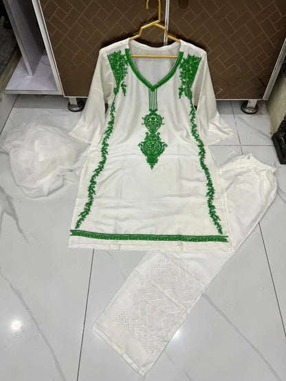 3 Pcs Women's Stitched Arabic Lawn Embroidered Suit Azadi Special
