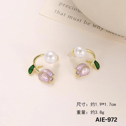 Flower Pearl Earrings Pink Green Leaf Lightweight Daily Wear