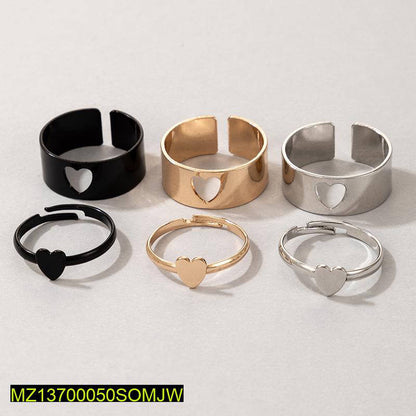6 Pcs Heart Toned Couple Rings Set Black Silver Gold Adjustable