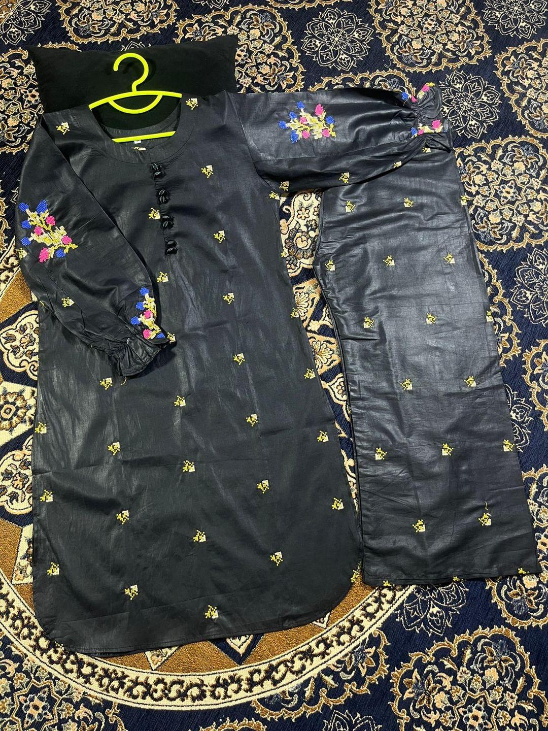 Black Embroidered Kurta Trouser Set for Girls 6-12 Years