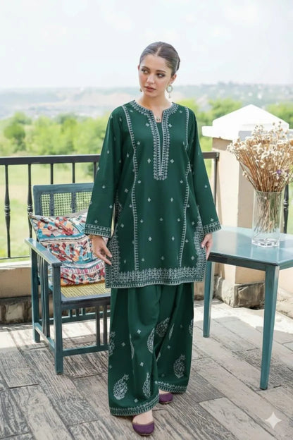Green Embroidered 2-Piece Lawn Suit for Women