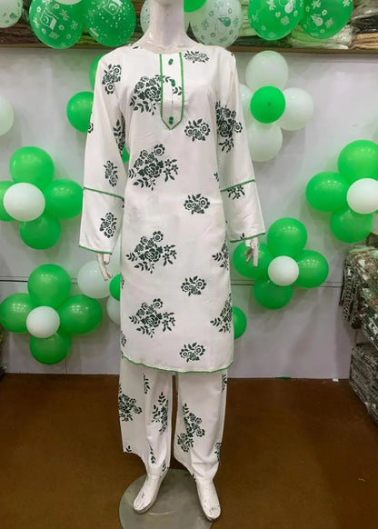 Pakistani Printed Kurta Pajama Set White Green Floral