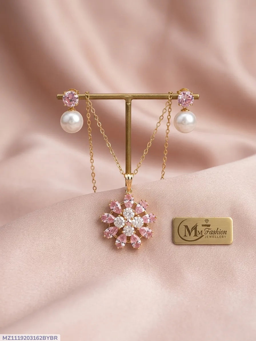 Gold Plated Crystal Pearl Pendant Set for Women