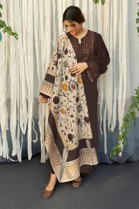 Brown Embroidered 3-Piece Lawn Suit for Women