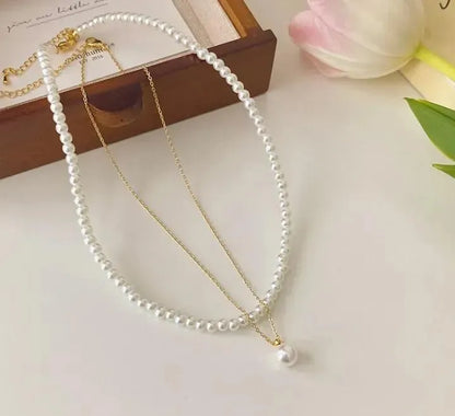 Double Layer Pearl & Gold Plated Necklace for Women 40cm