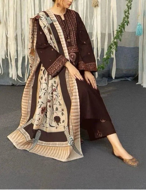 Brown Embroidered 3-Piece Lawn Suit for Women