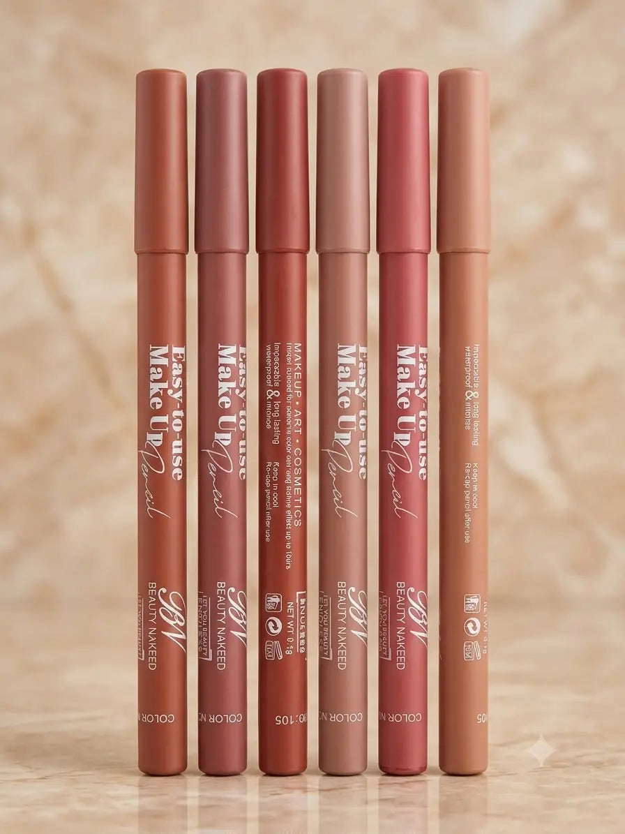 6 Pcs Velvet Creamy Nude Shades Lip Pencils, High Pigmented, For Nude Lips