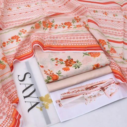 3 Piece Unstitched Lawn Suit Floral Orange Eid Summer