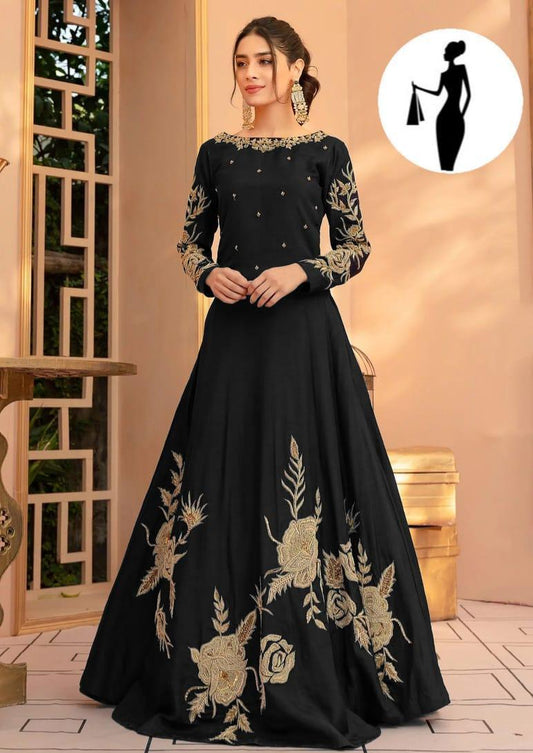 Black Embroidered Maxi Dress with Gold Floral Design