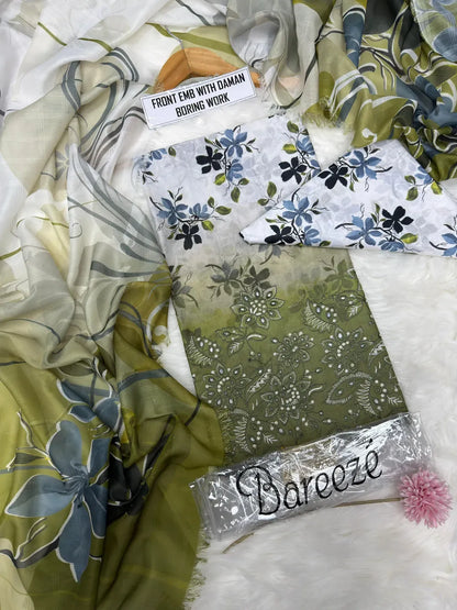 Pakistani Floral Green Kurta Set with Chiffon Dupatta