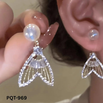 Fish Tail Pearl Zircon Earrings Gold Plated