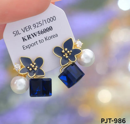 Cherry Blossom Crystal Earrings Pink Blue Silver