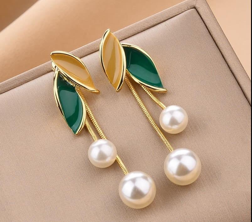 Gold Plated Pearl Leaf Earrings for Women