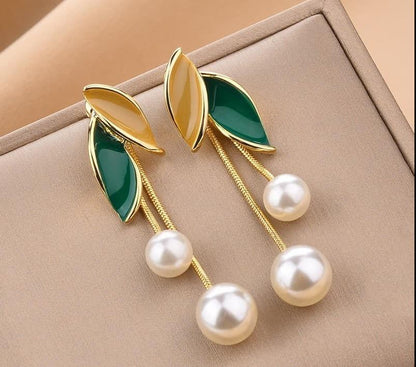 Gold Plated Pearl Leaf Earrings for Women