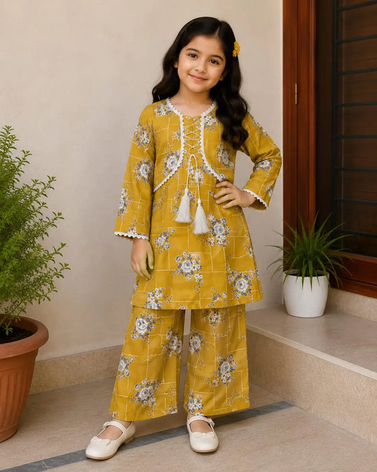 2 Pcs Girl's Stitched Cotton Printed Frock