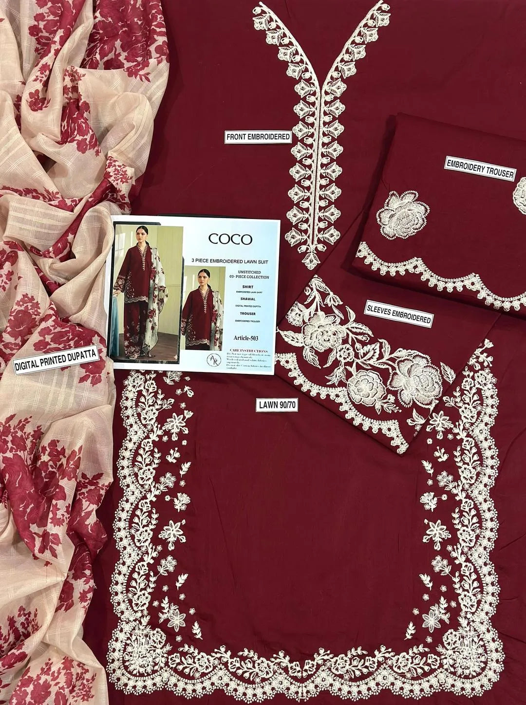 Maroon Embroidered Lawn Shirt Set with Dupatta