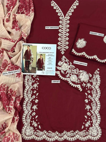 Maroon Embroidered Lawn Shirt Set with Dupatta