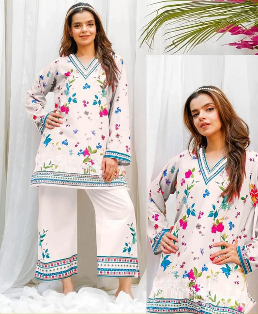 Women Swiss Lawn Floral 2-Piece Set White