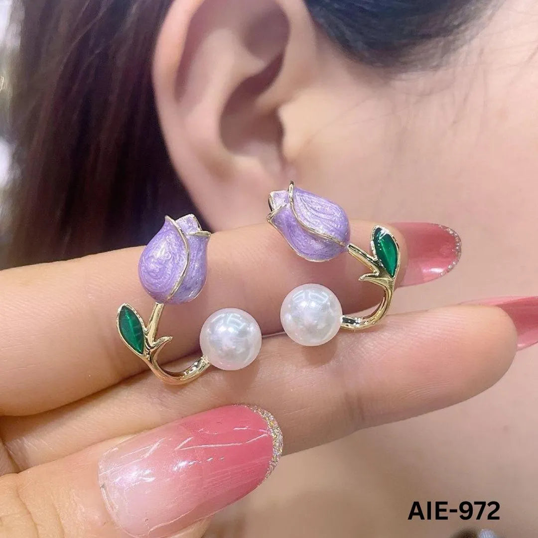 Flower Pearl Earrings Pink Green Leaf Lightweight Daily Wear