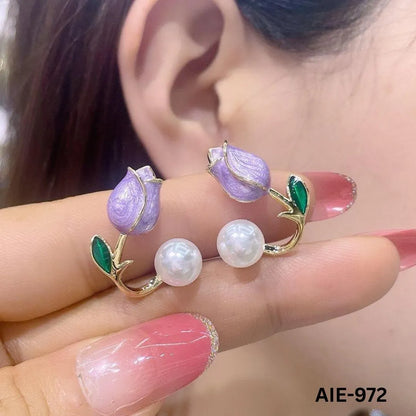 Flower Pearl Earrings Pink Green Leaf Lightweight Daily Wear