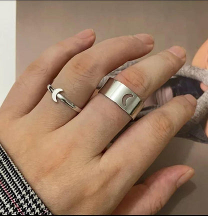 Silver Moon Rings Set of 2 Adjustable Alloy