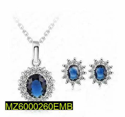 Blue Zircon Pendant & Earrings Set Silver Plated