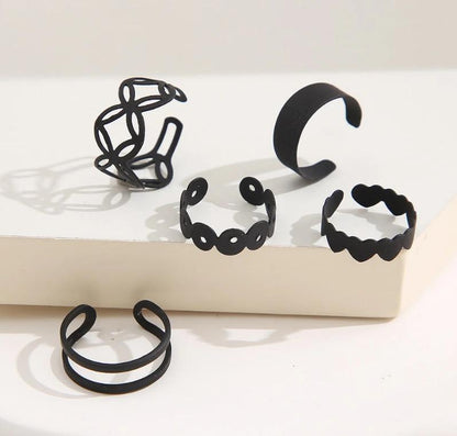 Black Silver Plated Rings Set of 5 Adjustable Pakistani Women