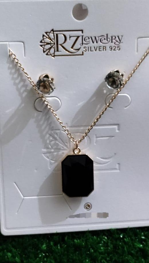 Black Stone Pendant Set with Gold Chain & Earrings