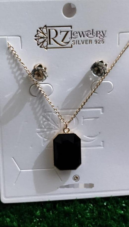 Black Stone Pendant Set with Gold Chain & Earrings