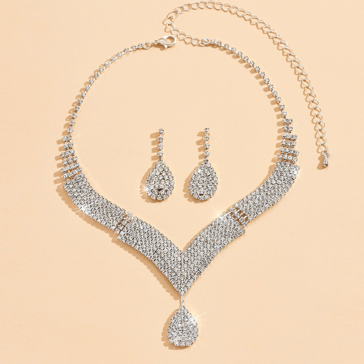 V-Neck Diamond Necklace & Earrings Set for Pakistani Women