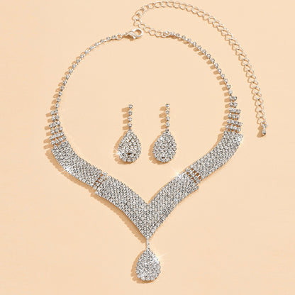 V-Neck Diamond Necklace & Earrings Set for Pakistani Women