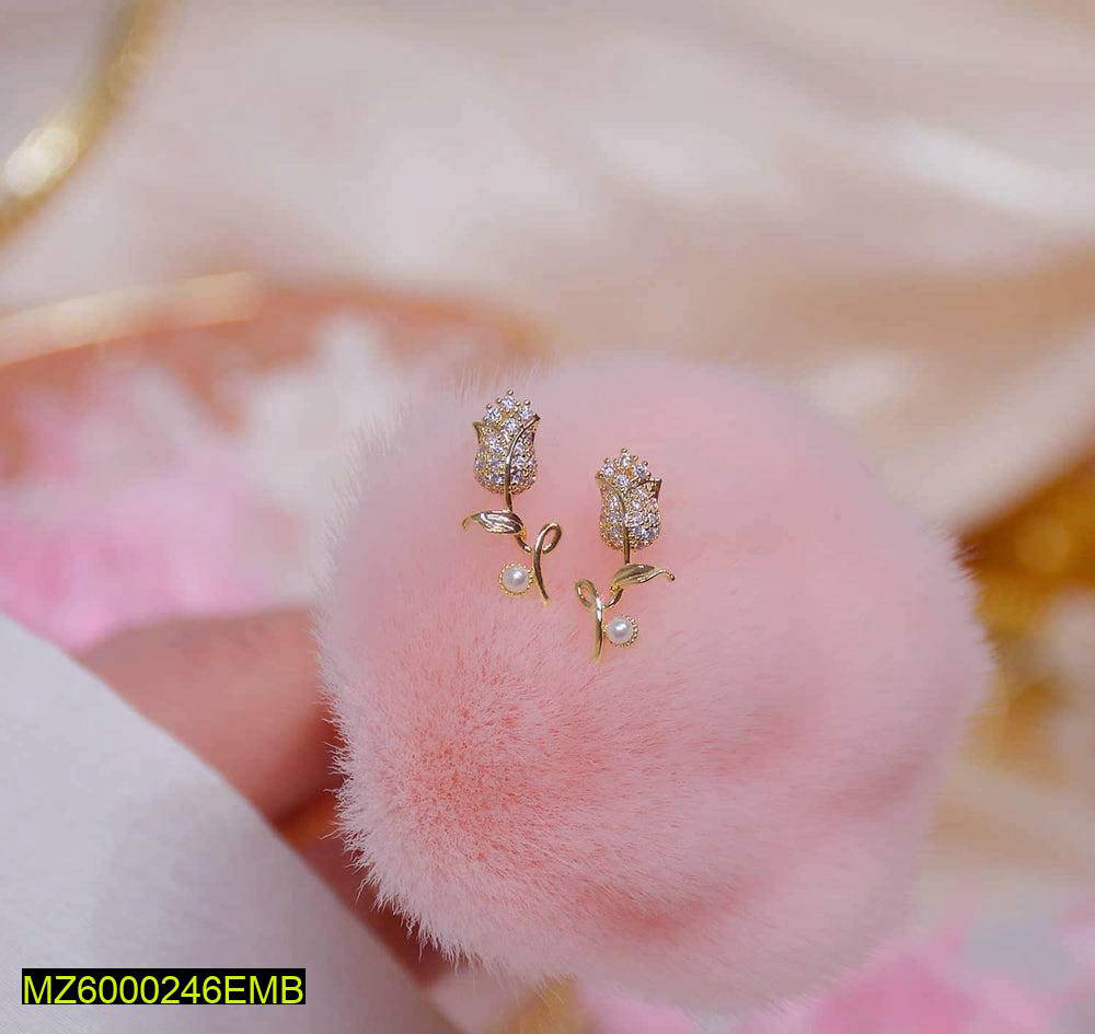 Golden Rose Earrings with Artificial Stones for Women