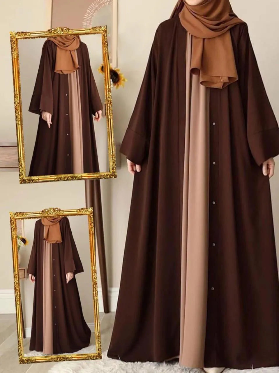 Women Georgette Full Abaya Chocolaty Brown Front Button Closure