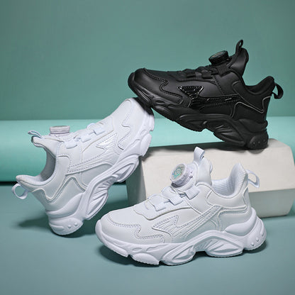 Kids Rotating Button Sneakers White Black Comfortable School Sports