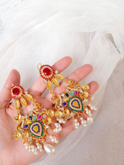 Gold Plated Earrings Set with Bindiya Pendant for Pakistani Brides