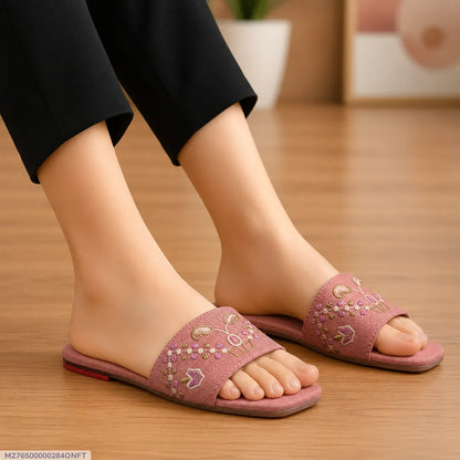 Women's Pink Threadwork Casual Slides Size 36-41