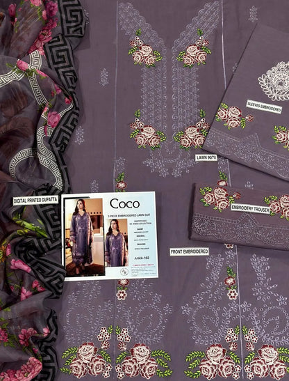 Lilac Embroidered 3-Piece Lawn Suit for Women