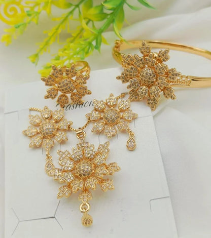 Golden Flower Jewelry Set for Women with Zarcoon Stones