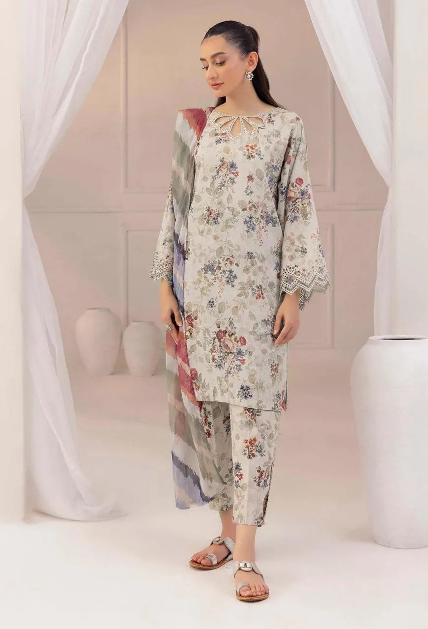 Beige Digital Print Lawn 3Pcs Set