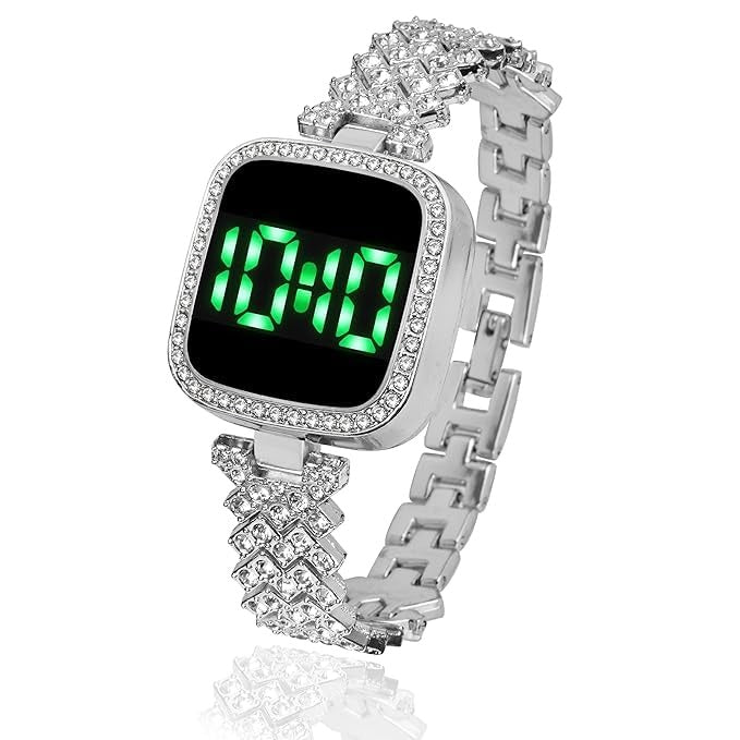 Watch for Girls Diamond Touch Screen LED Watch for Ladies  Stylish Fashion Watch For Girls in Silver Stone Square Dial Shape For Gift