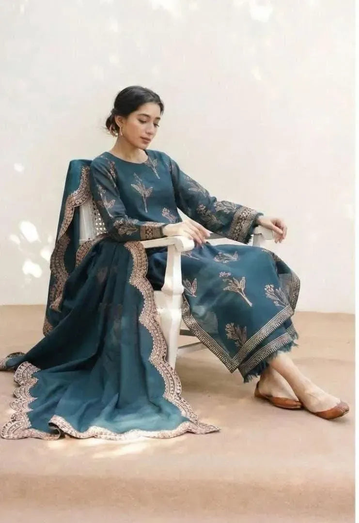 Unstitched Lawn Suit 03Pcs Embroidered Blue