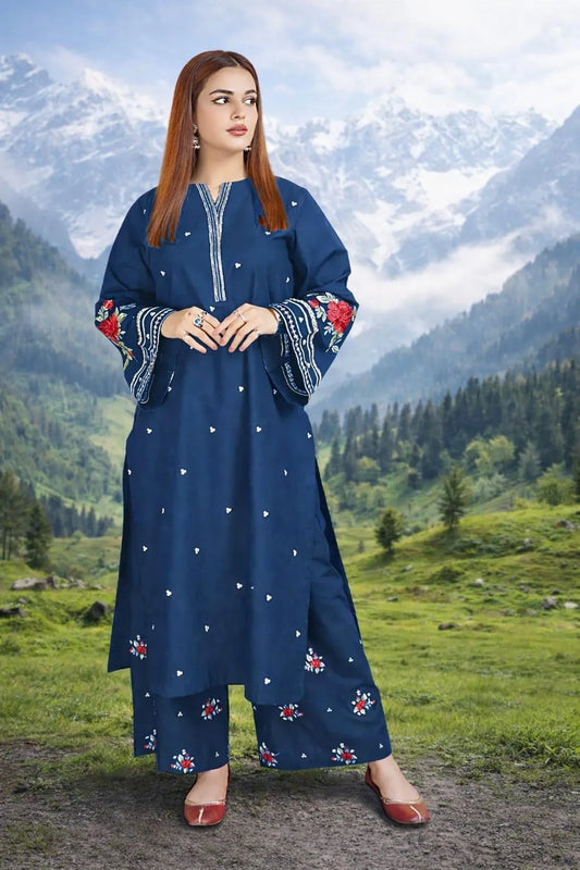 Blue Embroidered Lawn 2Pcs Set for Women