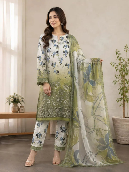 Pakistani Floral Green Kurta Set with Chiffon Dupatta