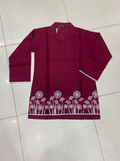 Maroon Embroidered Cotton Lawn Kurta Medium
