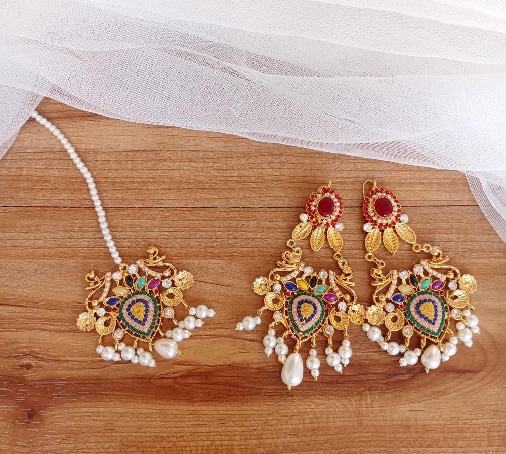 Gold Plated Earrings Set with Bindiya Pendant for Pakistani Brides