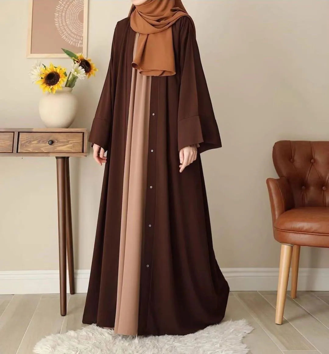 Women Georgette Full Abaya Chocolaty Brown Front Button Closure