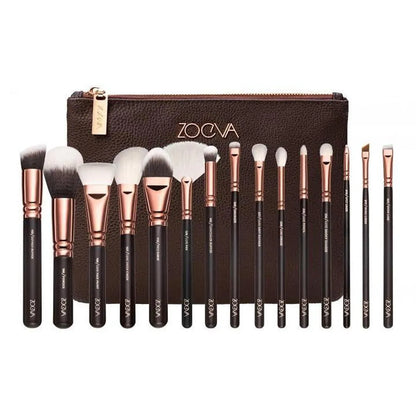 Makeup Brush Set 15 Pcs Travel Clutch Brown Rose Gold