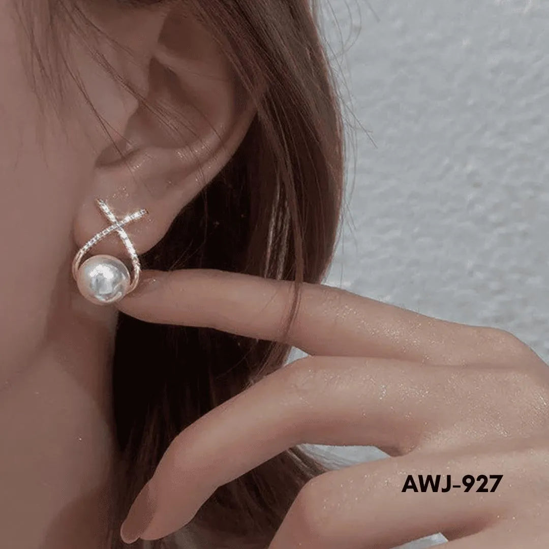 Cross Zircon Pearl Earrings Silver Gold Set