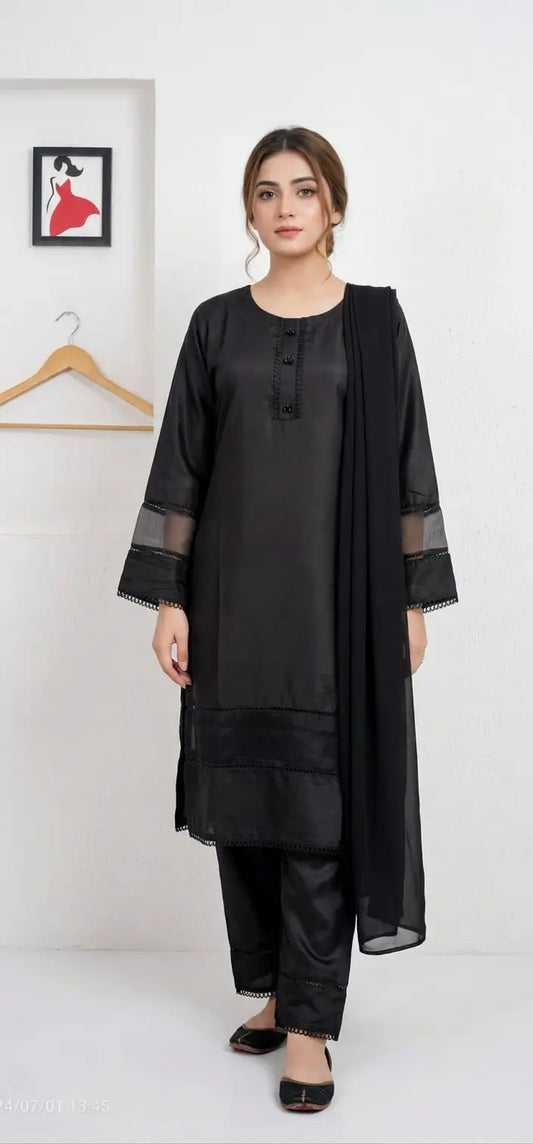 3 Pcs Women's Stitched Arabic Lawn Plain Suit with Tissue work